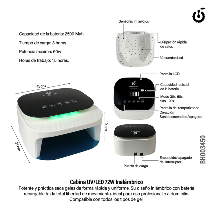 CHERIMOYA CABINA INALAMBRICA NAIL LAMP UV/LED (BLANCA) 72W-BH003450